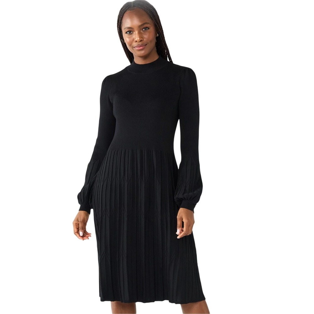 Draper James Sweater Dress Balloon Sleeves Women Large LBD Black Pleated Classic